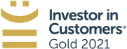 Logo design for Investor in Customers Gold 2021, using black text and golden lines