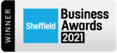 logo design for winner of the sheffield business awards 2021, made up of black and white writing and a blue box